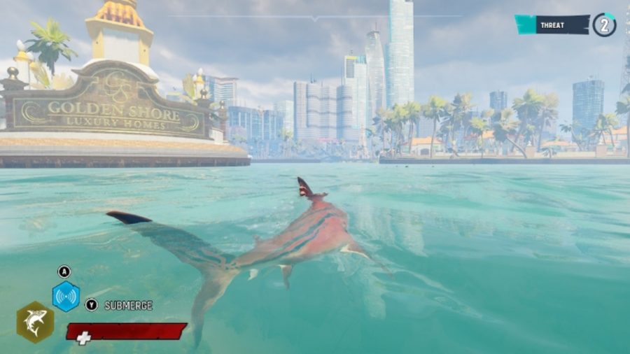 shark swimming above water with a city in the background