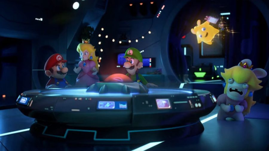 Mario, Peach, Luigi and Rabbid Princess aboard a space ship