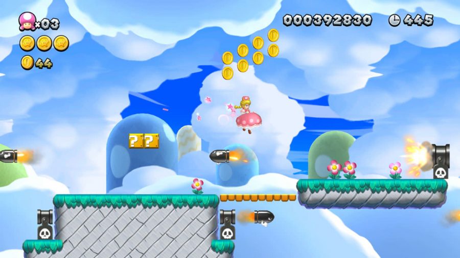 Peach jumping over a rocket in New Super Mario Bros. U Deluxe