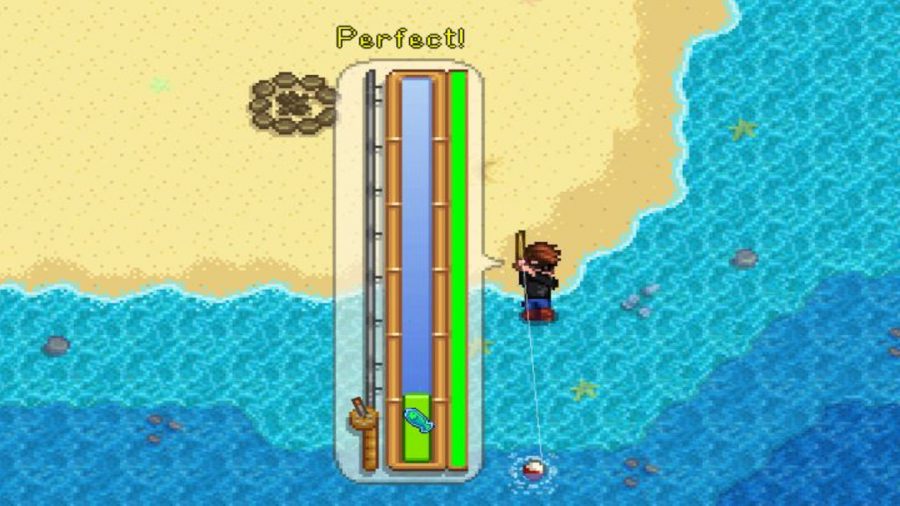 a screenshot of the beach in Stardew Valley, showing a perfect catch on the fishing mini game