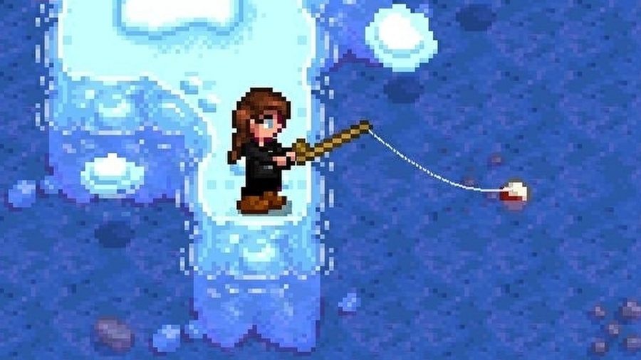 Stardew Valley character fishing on the ice