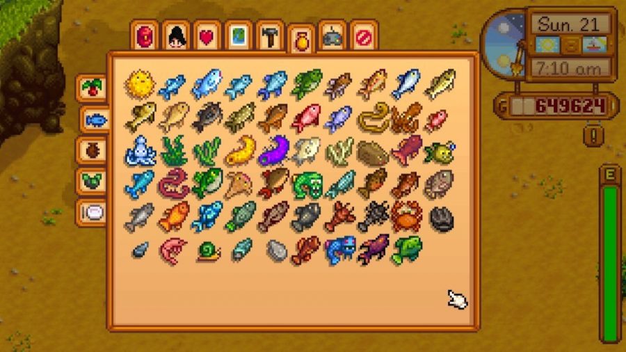 A screenshot of a Stardew Valley fish collection page, showing different types of fish