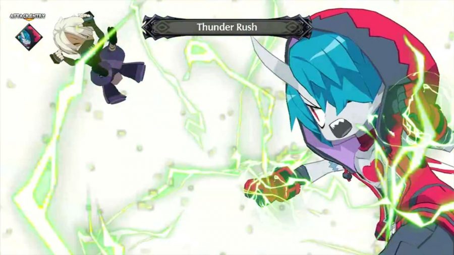 A blue-haired character using a thunder rush attack