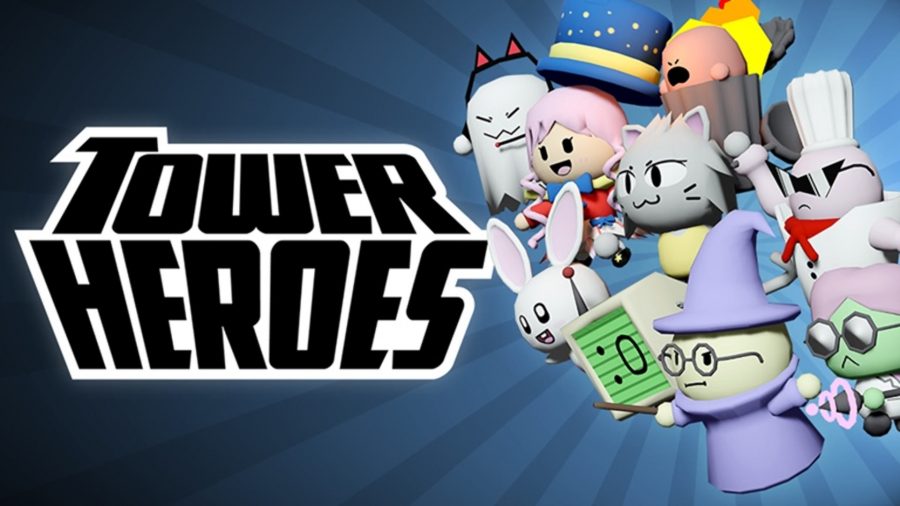 Tower Heroes title in bold, with a group of heroes jumping into battle on the right