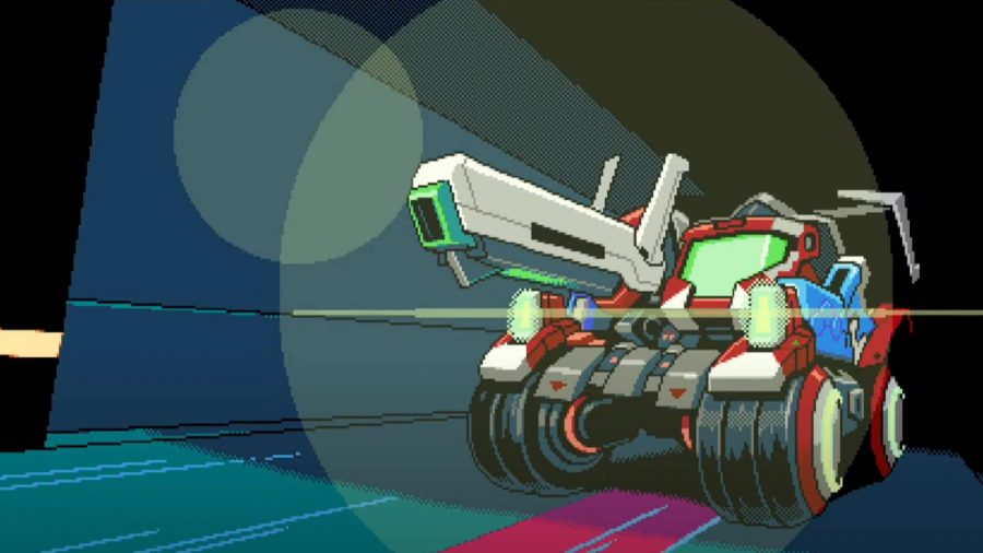 a pixel art scene shows a futuristic tank with a weapon raised