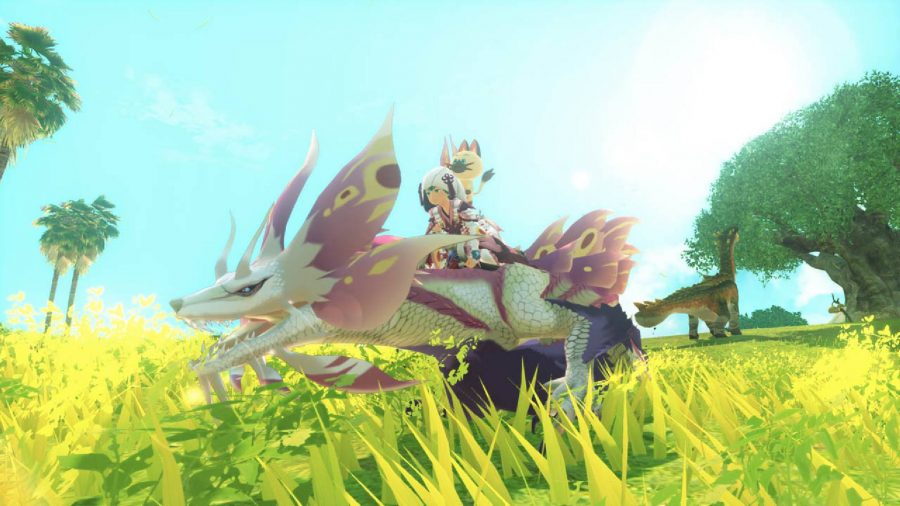A rider sits atop a large white and pink monster moving through the grass 