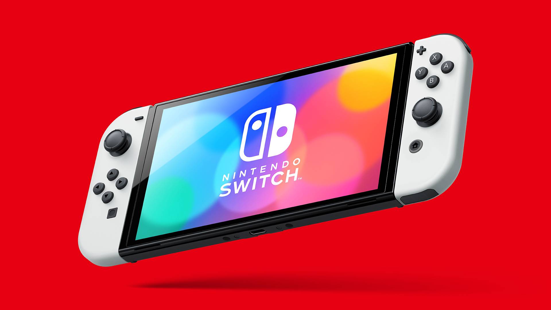 The new Nintendo Switch OLED model appears in front of a red background