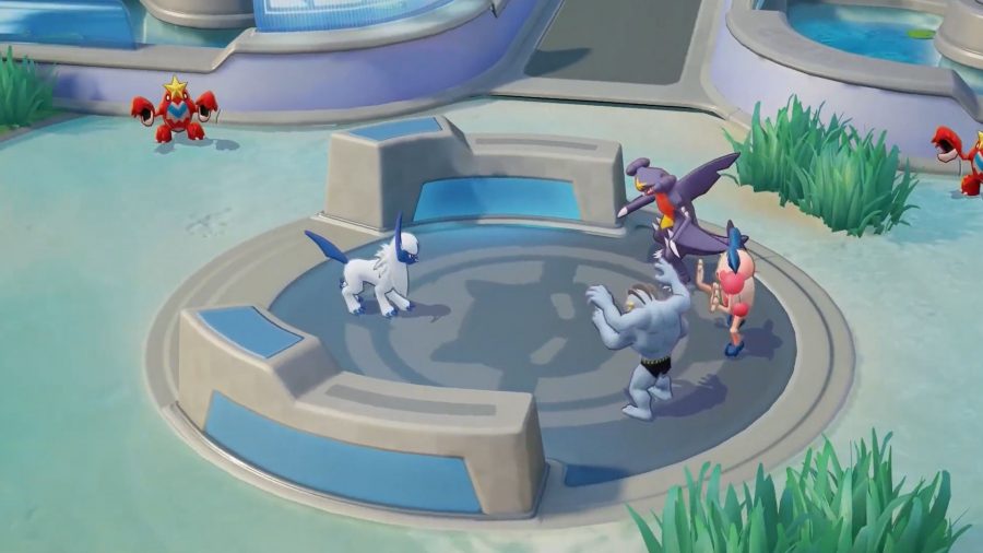 Absol facing off against a group of three enemy champs