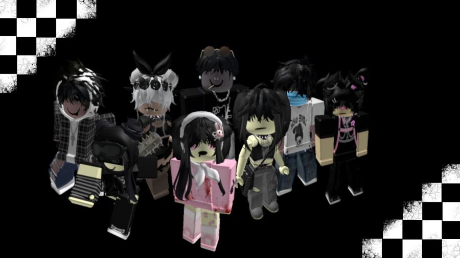 A group of Roblox emos on a black and white checked background