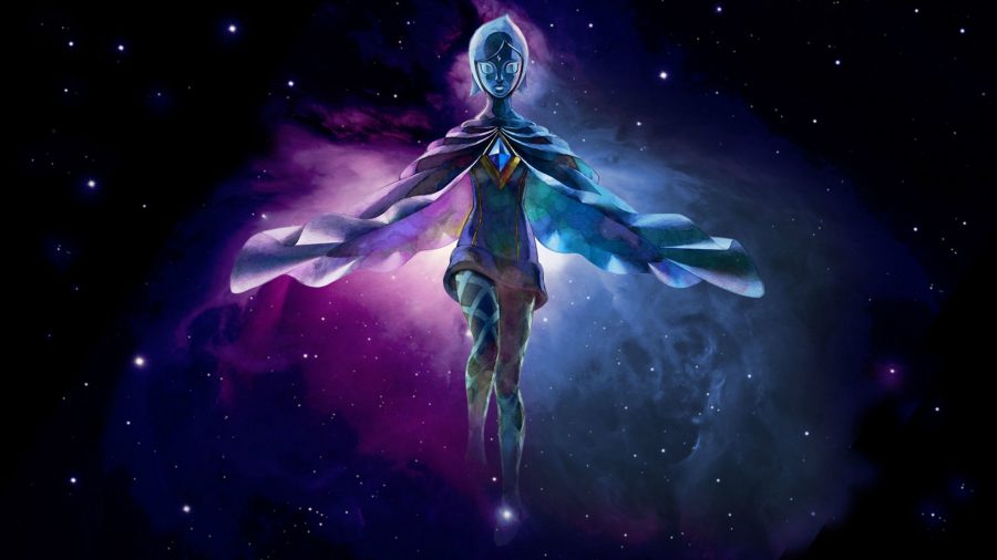Fi, Spirit of the Sword, on a dark, galaxy-themed background