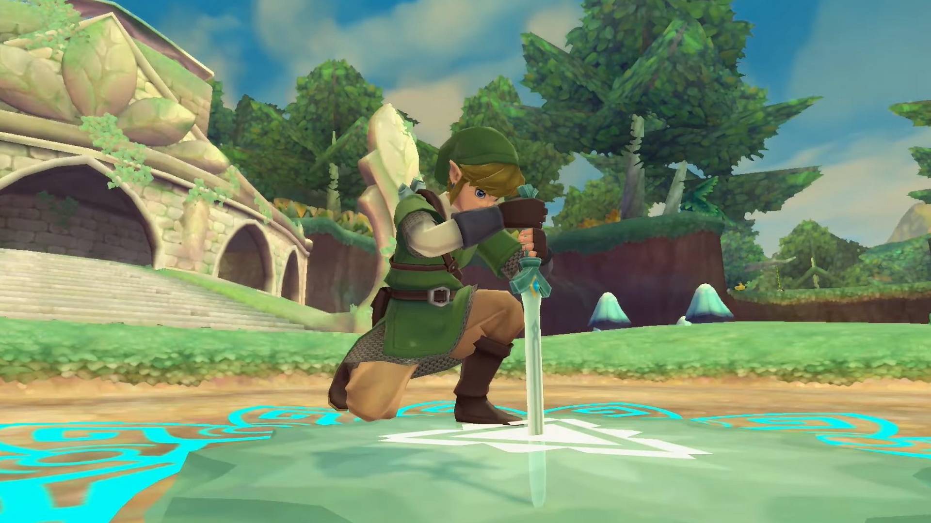 Link kneels one on knee and plunges his sword into the ground