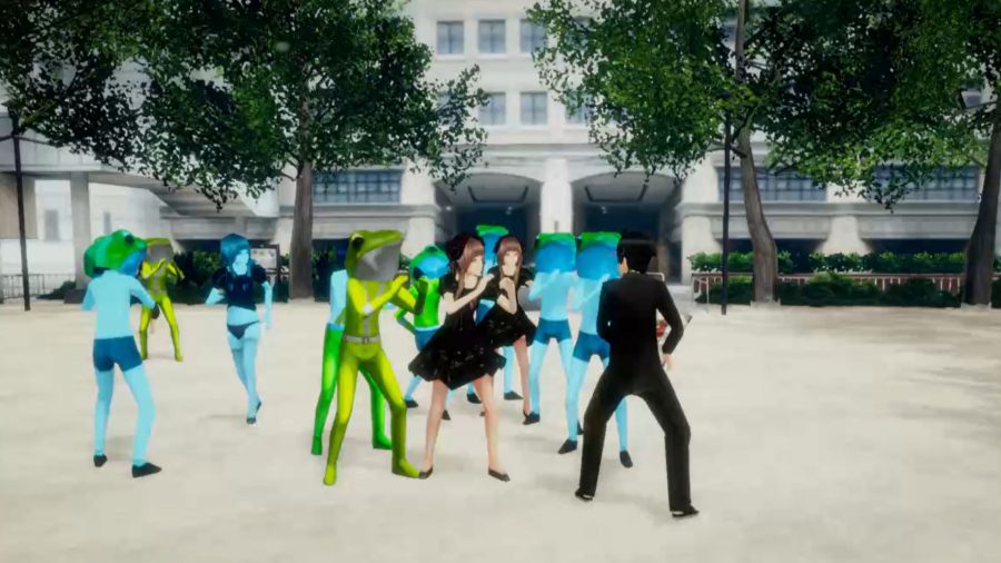 Akiba's trip protagonist fighting a group of people dressed as frogs and girls in lolita costumes