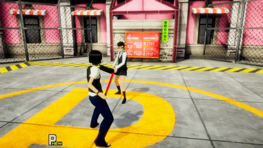 Akiba's trip protagonist fighting a man dressed as a school girl