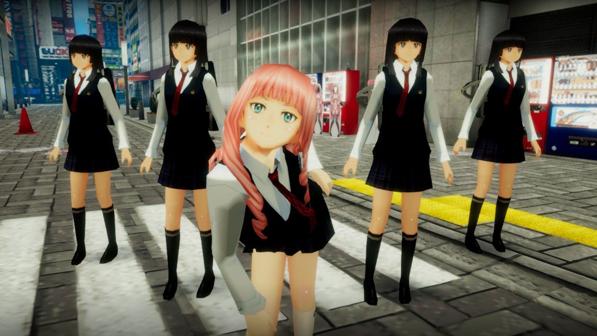 A group of school girls challenging the player to a fight