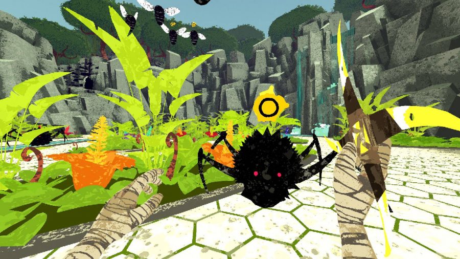 a spider-like monster approaches the player through tall grass