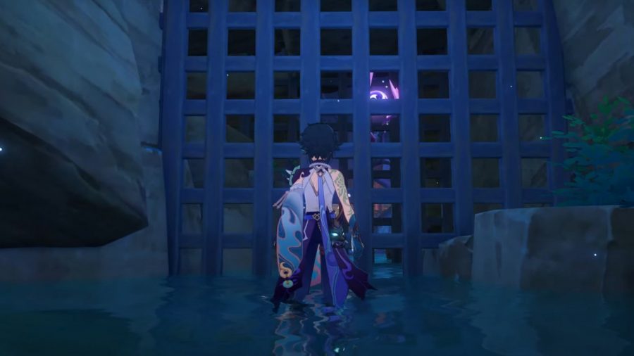 A Genshin Impact character stood outside of a locked gate in a lake