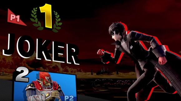 a Super Smash Bros Ultimate victory screen reveals Joker in first and Ganondorf in second place