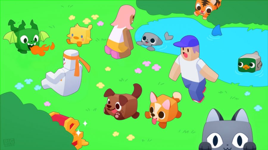 Roblox characters and animals roaming a park