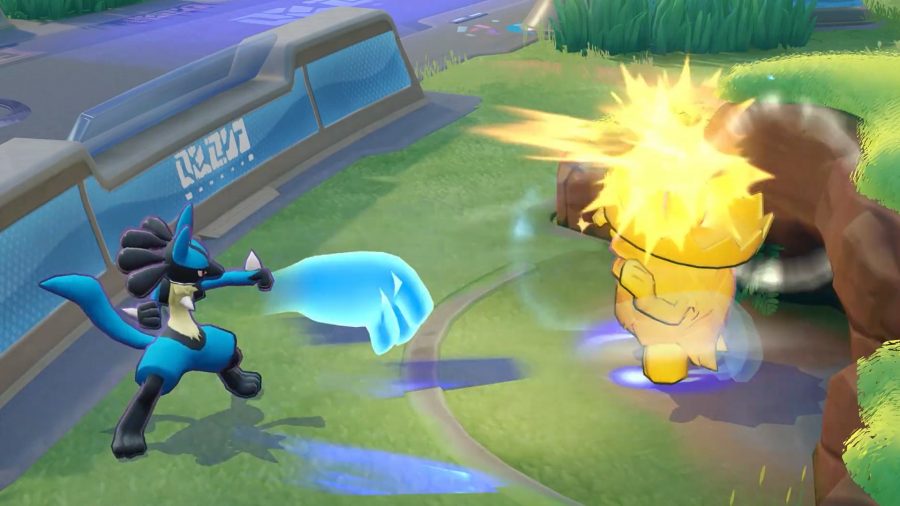 Pokémon Unite's Lucario punching an enemy