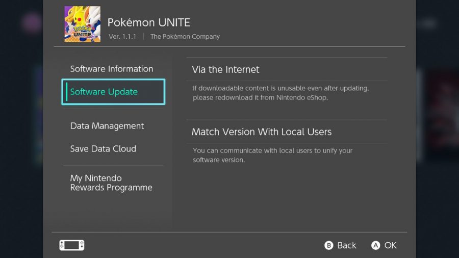 The Pokémon Unite update screen