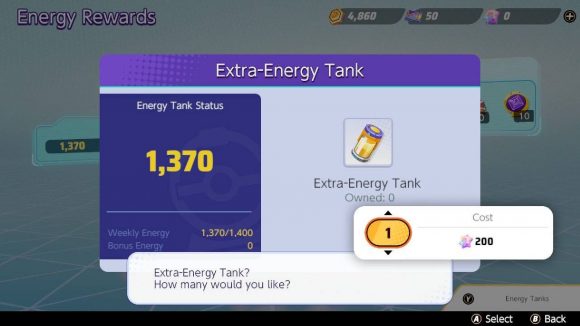 An item called Extra-Energy Tank is available to buy, increasing the energy needed for gacha pulls