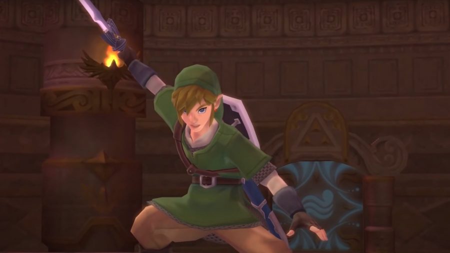 Link with his sword drawn and his shield on his back