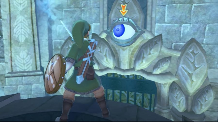 An eye door in Skyward Sword following the tip of Link's sword