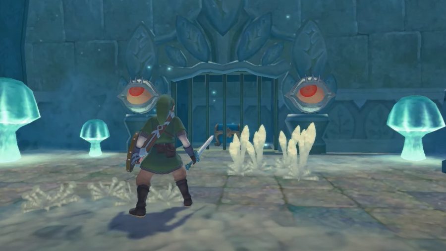 An eye door with red eyes after being made dizzy by Link's sword