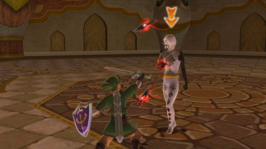 Antagonist Ghirahim battles against Link using red glowing magic