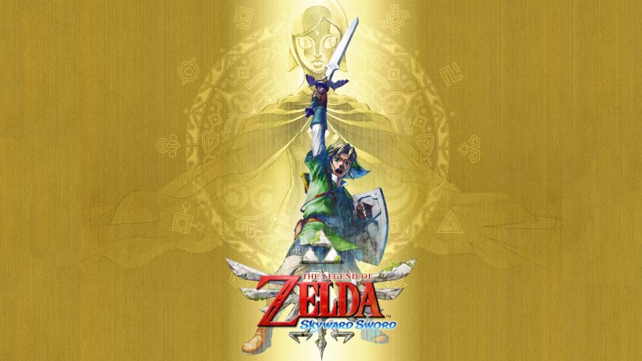 Link raising his sword to the sky against a gold background, with the Skyward Sword logo in front of him