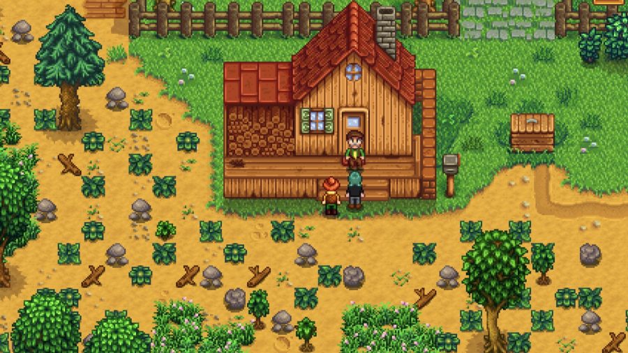 Lewis standing outside your Stardew Valley house