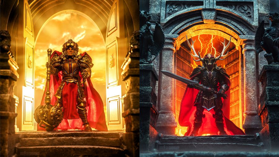 Mythic Legions hero and villain stood in doorways