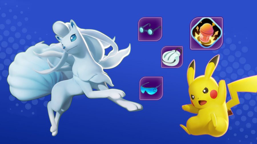 Ninetales and Pikachu on a blue background, with item icons 