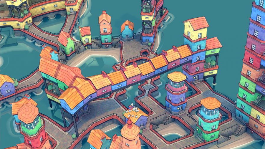 A close up screenshot of several buildings in Townscaper