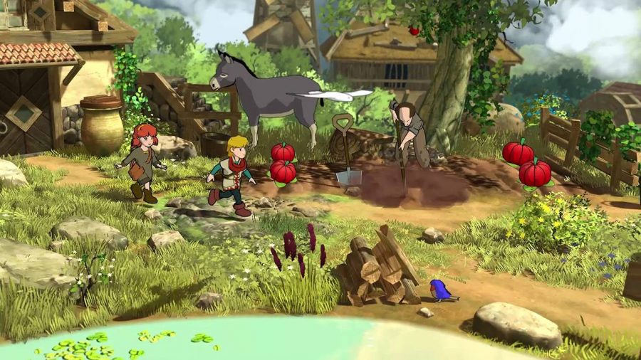 The main character Baldo is shown running along a path beside a farm, with a farmer and donkey visible