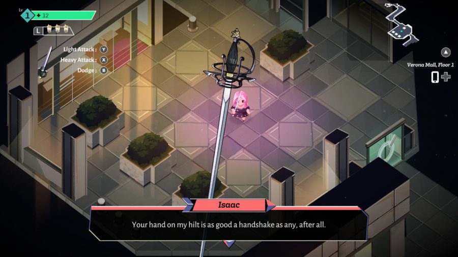 Screenshot of Isaac talking to the player