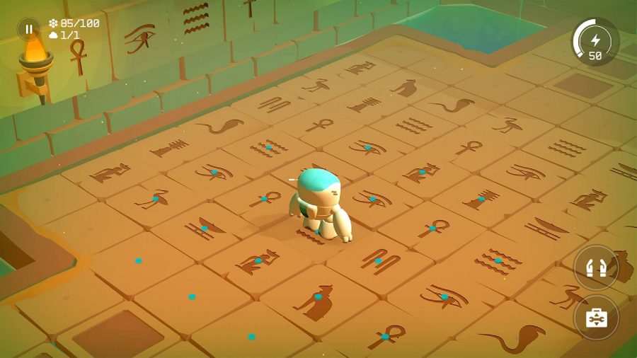 A robot is standing in a room with hieroglyphics adorning tiles covering the floor 