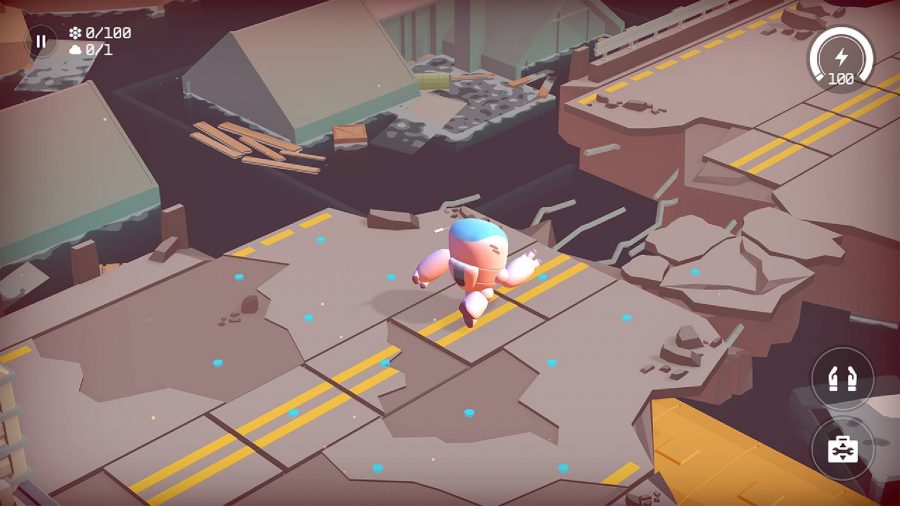 A robot explores a decaying city over an isometric map. 