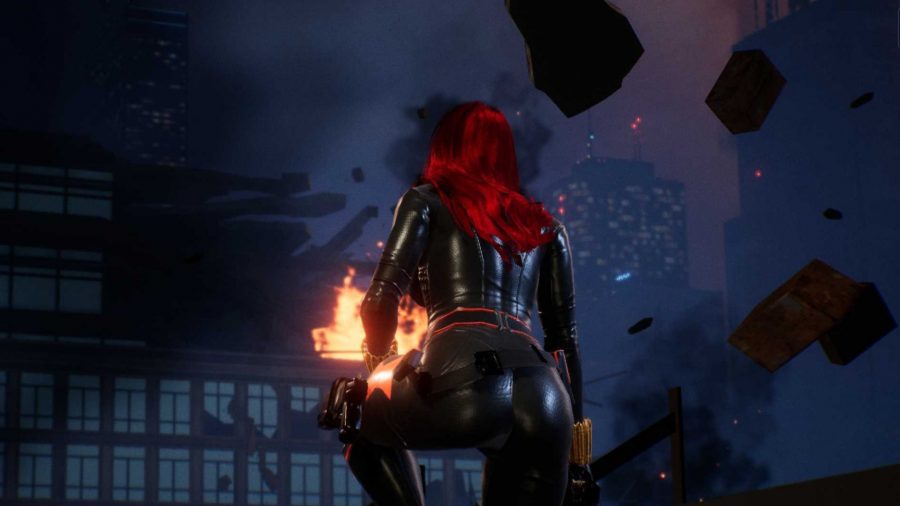 Black Widow looking out over a ruined city