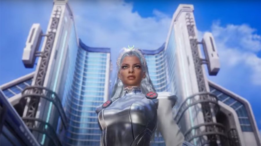 Storm stood in front of a skyscraper