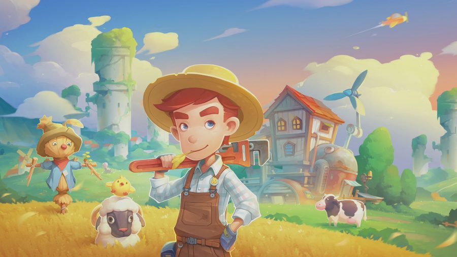Promotional art showing a player dressed as a farmer in front of their workshop