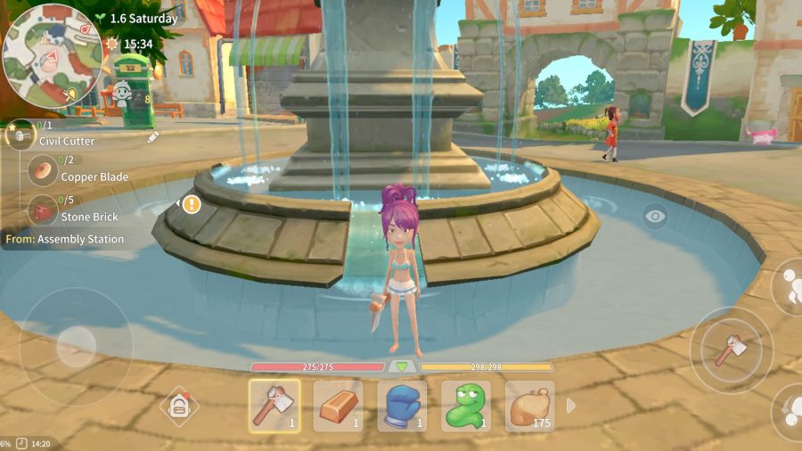 My Time at Portia player character stood by a fountain