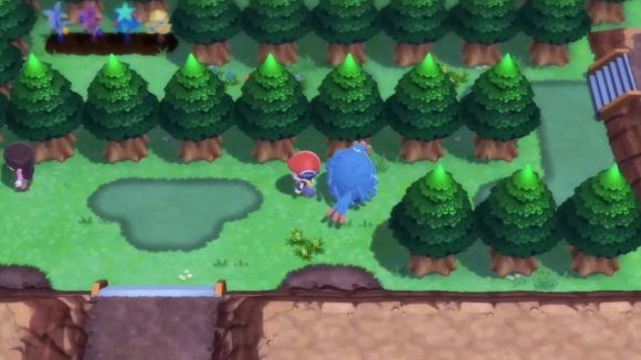 A chibi protagonist is walking through a forest while the Pokemon Tangrowth follows closely behind them. 