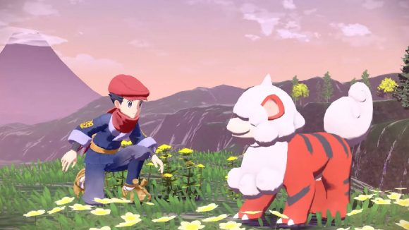 A pokemon trainer is leaning down and approaching the Pokemon Hisuian Growlithe, in an open field