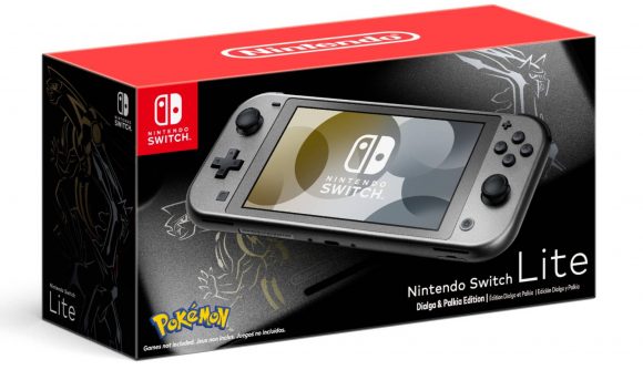 A retail box is shown displaying the Special Edition Pokemon Nintendo Switch Lite featuring Dialga and Palkia