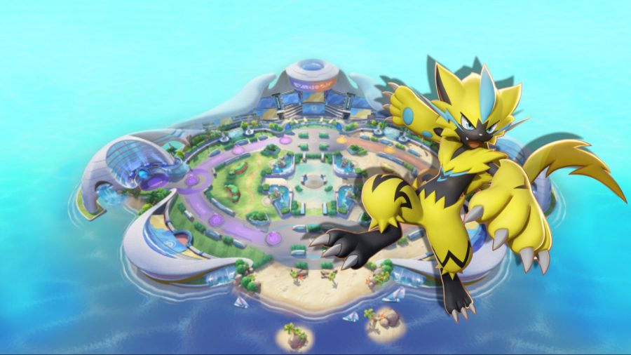 Pokémon Unite Zeroara over an arena background
