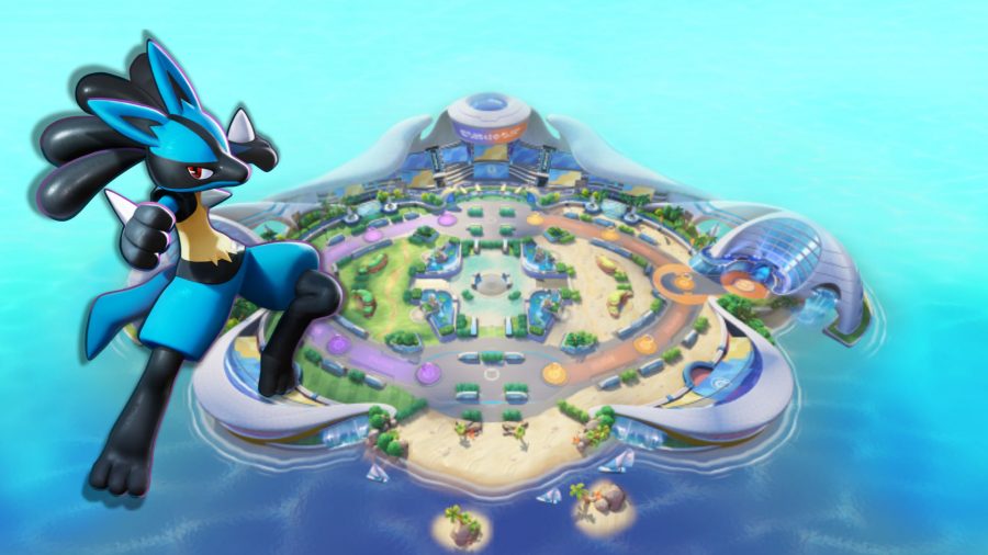 Pokemon Unite Lucario on an arena background