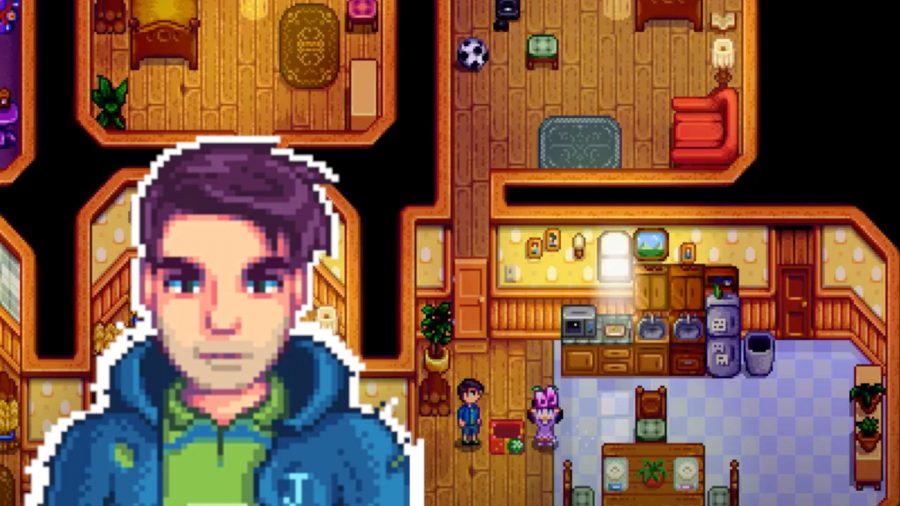 Stardew Valley Shane over a screenshot of him in Marnie's ranch, giving a gift to Jas
