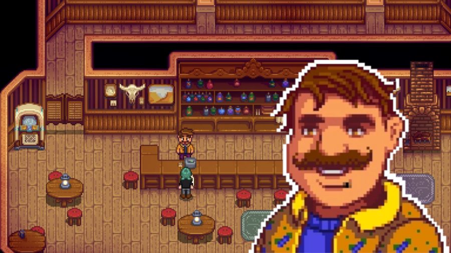 Stardew Valley Gus over a screenshot of the Stardrop Tavern