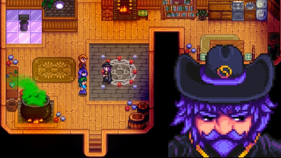 Stardew Valley wizard over a scene in his tower